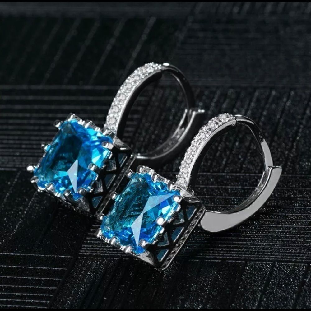 + BLUE Diamond Square Drop Earrings + - Picture 3 of 5